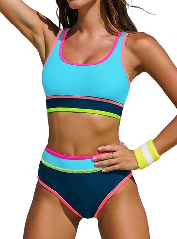 popvil Womens High Waisted Bikini Sets 2026 Neon Two Piece Swimsuit for Women Sporty Crisscross Back Bathing Suit in Kuwait