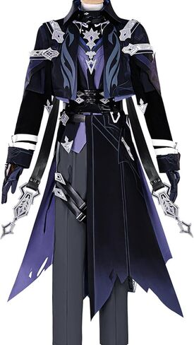 Flins Cosplay Genshin Men Costumes Full Set Black Purple Suit with Belt Outfit for Game Halloween Party in Kuwait