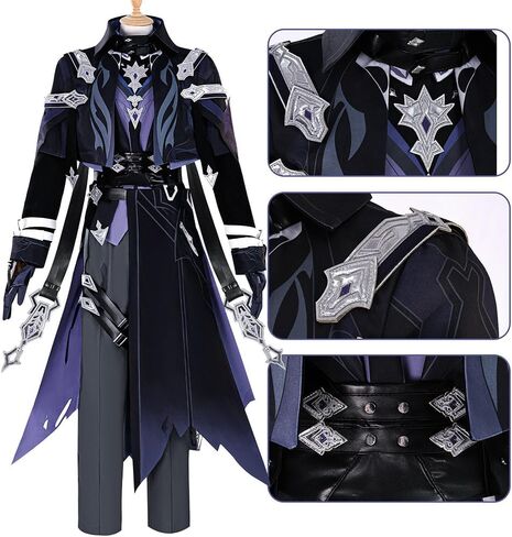 Flins Cosplay Genshin Men Costumes Full Set Black Purple Suit with Belt Outfit for Game Halloween Party in Kuwait