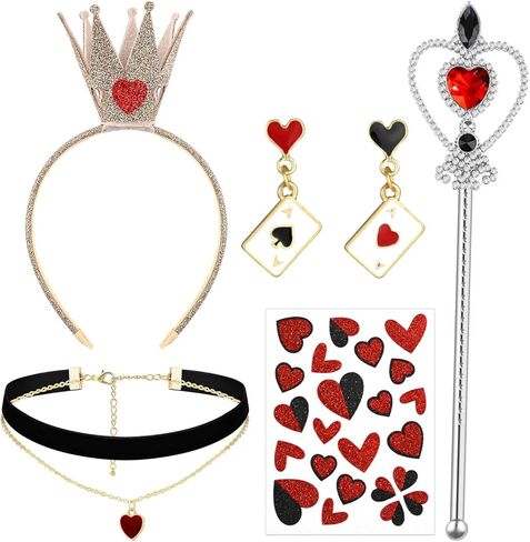 5 Pcs Queen Costume Accessories Include Crown Headband,Heart Rhinestone Wand,Stickers,Red Heart Dangle Earrings and Necklace in Saudi Arabia