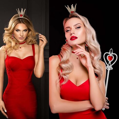 5 Pcs Queen Costume Accessories Include Crown Headband,Heart Rhinestone Wand,Stickers,Red Heart Dangle Earrings and Necklace in Saudi Arabia
