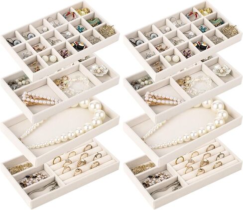 8 Pcs Jewelry Drawer Organizers, Velvet Jewelry Trays for Drawer, Stackable Jewelry Trays Ideal for Rings, Earrings, Bracelets, Necklaces, Grey (Beige) in Saudi Arabia
