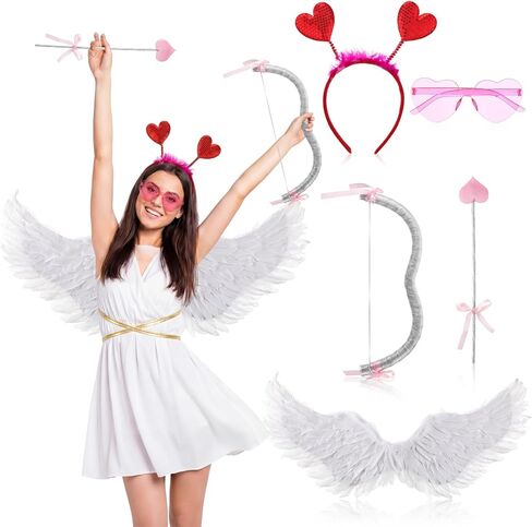 Coume Valentine Cupid Costume Accessories Set for Women Kid Angel Outfits Bow Arrow Heart Headwear Sunglasses Feather Wings in Saudi Arabia