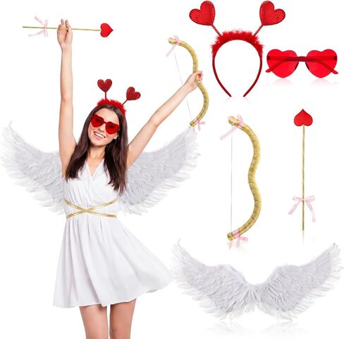 Coume Valentine Cupid Costume Accessories Set for Women Kid Angel Outfits Bow Arrow Heart Headwear Sunglasses Feather Wings in Saudi Arabia