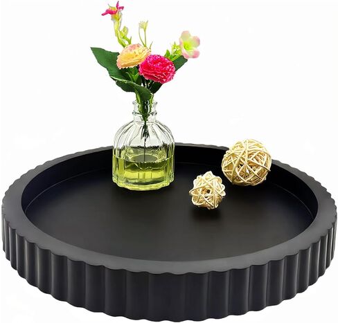 Decorative Tray for Coffee Table,11" Wooden Round Trays Home Decor,Bathroom Tray with Fluted Edge,Table Centerpieces Trays for Living Room,Kitchen, Dining Table,Entryway (Black) in Saudi Arabia
