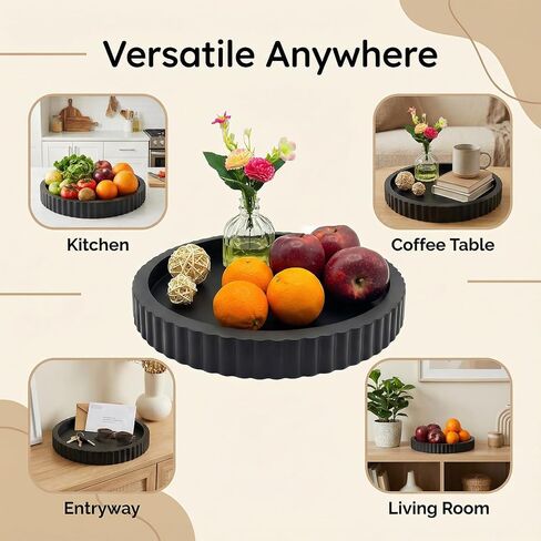 Decorative Tray for Coffee Table,11" Wooden Round Trays Home Decor,Bathroom Tray with Fluted Edge,Table Centerpieces Trays for Living Room,Kitchen, Dining Table,Entryway (Black) in Saudi Arabia