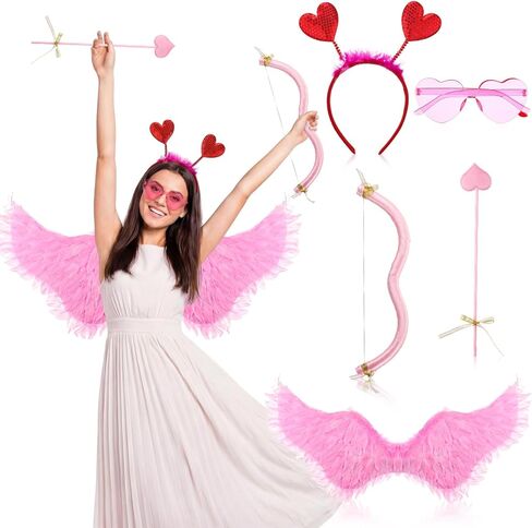 Coume Valentine Cupid Costume Accessories Set for Women Kid Angel Outfits Bow Arrow Heart Headwear Sunglasses Feather Wings in Saudi Arabia