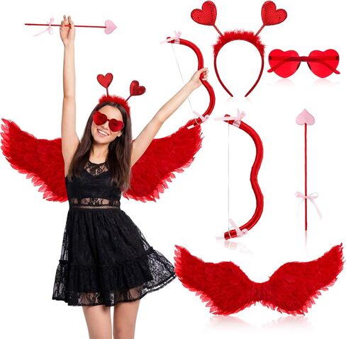 Coume Valentine Cupid Costume Accessories Set for Women Kid Angel Outfits Bow Arrow Heart Headwear Sunglasses Feather Wings in Saudi Arabia