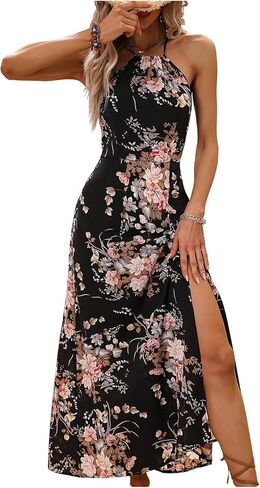 Floerns Women's Floral Print Sleeveless Halter Maxi Dress Slit Bodycon Vacation Dresses in Saudi Arabia