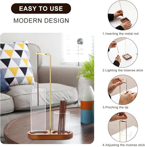  حامل البخور، صينية طبق بخور من الخشب الصلب، مشبك معدني مزدوج وصائد رماد زجاجي، مبخرة مصنوعة يدويًا رأسًا على عقب لديكور غرفة السبا واليوجا والتأمل in Kuwait