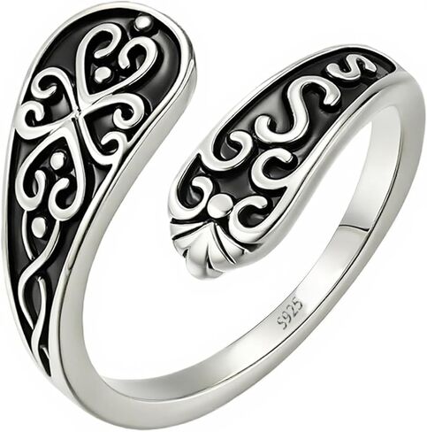 925 Sterling Silver Adjustable Spoon Ring - Vintage Boho Open Finger Jewelry thumb rings for women, Handmade Thumb Ring with Nature Inspired Designs in Saudi Arabia