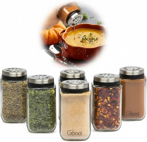برطمانات توابل زجاجية قابلة للتعديل (مجموعة من 24 قطعة) مع 6 أحجام للصب - غطاء/غطاء من الفولاذ المقاوم للصدأ - حاويات زجاجات توابل مربعة لتنظيم تخزين مؤن المطبخ البسيط - ملء شاكر مع فلفل ملح in Kuwait
