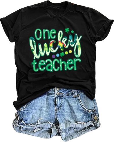 تي شيرت One Lucky Teacher للسيدات لعيد القديس باتريك هدية مدرسية مضحكة، قمصان شامروك أيرلندية غير رسمية in Saudi Arabia