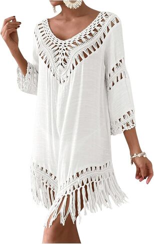 OYOANGLE Women's Fringe Crochet Cover Up Sheer Hollow Out Beach Dress 3/4 Sleeve Coverups in Saudi Arabia