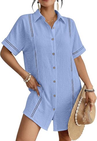 Bsubseach Women Swimsuit Coverup Short Sleeve Eyelet Trim Bathing Suit Cover Up Button Beach Shirt Dress Vacation Outfit in Saudi Arabia