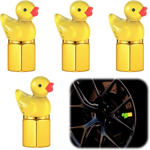 4 Pcs Cute Duck Tire Valve Stem Cap, Decorative Tires Valves Caps, Glow in The Dark Tire Valve Caps, Wheel Accessories, Universal for Cars, Motorcycles, Trucks and Bicycles (Gold) in Saudi Arabia