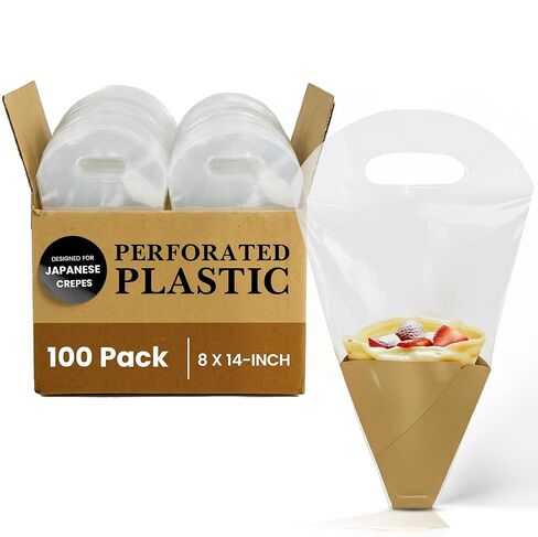 Japanese Crepe Bags [100 Pieces] – 8 x 14 in. Perforated Plastic TO-GO Bags with Carry Handle | Plastic Carry Bag for Japanese Crepes | Takeaway Food Packaging in Saudi Arabia