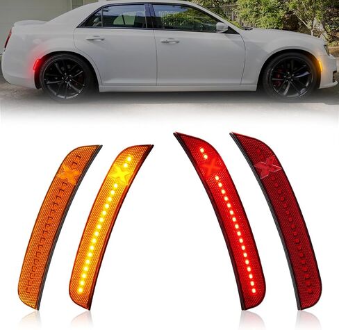 مصابيح LED جانبية باللون الأحمر والعنبر لسيارة Chrysler-300 2015-2021، علامات جانبية للحاجز الأمامي والخلفي باللون البرتقالي والأحمر للسائق، مصباح ممتص الصدمات الجانبي للركاب Xstyle Spirit Snake، 4 قطع (في انتظار براءة اختراع) in Kuwait
