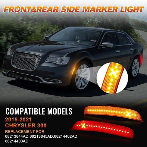 مصابيح LED جانبية باللون الأحمر والعنبر لسيارة Chrysler-300 2015-2021، علامات جانبية للحاجز الأمامي والخلفي باللون البرتقالي والأحمر للسائق، مصباح ممتص الصدمات الجانبي للركاب Xstyle Spirit Snake، 4 قطع (في انتظار براءة اختراع) in Kuwait