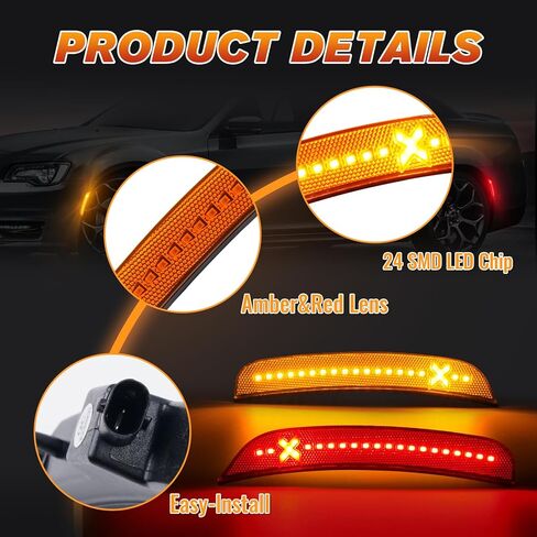 مصابيح LED جانبية باللون الأحمر والعنبر لسيارة Chrysler-300 2015-2021، علامات جانبية للحاجز الأمامي والخلفي باللون البرتقالي والأحمر للسائق، مصباح ممتص الصدمات الجانبي للركاب Xstyle Spirit Snake، 4 قطع (في انتظار براءة اختراع) in Kuwait