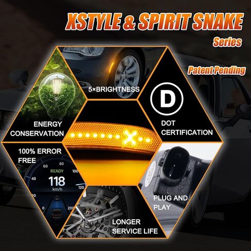 مصابيح LED جانبية باللون الأحمر والعنبر لسيارة Chrysler-300 2015-2021، علامات جانبية للحاجز الأمامي والخلفي باللون البرتقالي والأحمر للسائق، مصباح ممتص الصدمات الجانبي للركاب Xstyle Spirit Snake، 4 قطع (في انتظار براءة اختراع) in Kuwait