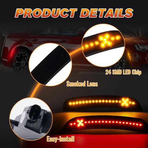 4 قطع مصابيح LED للعلامات الجانبية مصابيح علامة حمراء كهرمانية لكرايسلر 300 2015-2021، المصد الخلفي الأمامي، ضوء ركن ركن السيارة، عدسة مدخنة Xstyle Spirit Snake Series (في انتظار براءة اختراع) in Kuwait