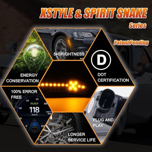 4 قطع مصابيح LED للعلامات الجانبية مصابيح علامة حمراء كهرمانية لكرايسلر 300 2015-2021، المصد الخلفي الأمامي، ضوء ركن ركن السيارة، عدسة مدخنة Xstyle Spirit Snake Series (في انتظار براءة اختراع) in Kuwait