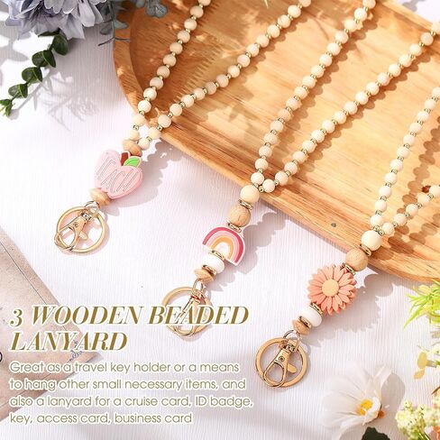 Tondiamo 3 Pcs Teacher Lanyard Gifts with ID Holder Rainbow Retractable Women Badge Lanyard Holders Wooden Beaded Teacher Appreciation Gifts Soft Nurse Necklace for Women Employees ID Badges and Keys in Saudi Arabia
