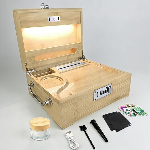 صندوق تخزين LED من Giftidea مع قفل مجمع، صندوق خيزران أسود كبير مع صينية ومقصورات قابلة للإزالة، صندوق خشبي مزخرف مع برطمان محكم، فرشاة وإكسسوارات كهدية رائعة لعيد الميلاد in Kuwait
