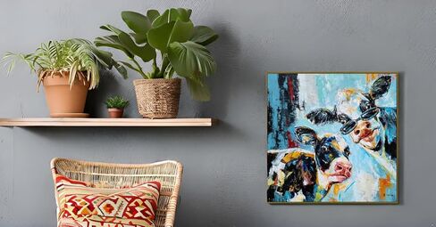 صور بقرة مضحكة مؤطرة من NdcSkyArt - لوحة حيوانات حديثة مرسومة يدويًا لديكور غرفة المعيشة المعاصرة in Kuwait