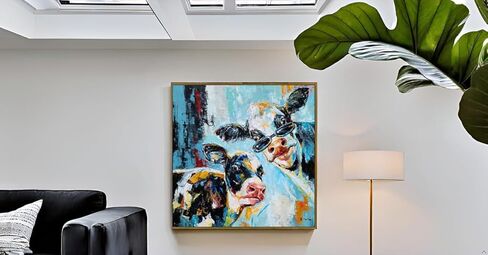 صور بقرة مضحكة مؤطرة من NdcSkyArt - لوحة حيوانات حديثة مرسومة يدويًا لديكور غرفة المعيشة المعاصرة in Kuwait