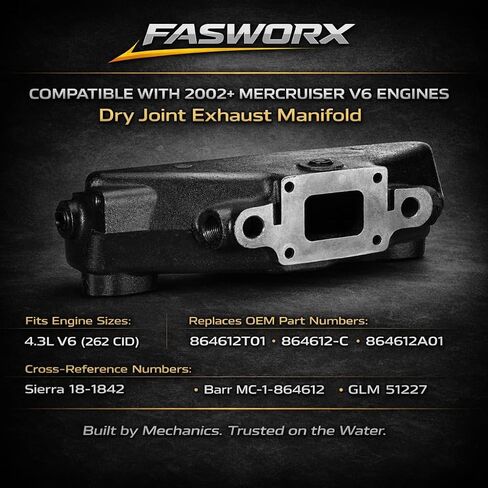 FASWORX Exhaust Manifold & Riser Kit Fits Mercruiser 4.3L V6 (2002-Early 2005), 7 Degree 6.5" Short Elbow, Includes Gaskets, Bolts & Plugs – Dry Joint – Replaces 864612T01, 864309T01, 18-1842 in Saudi Arabia