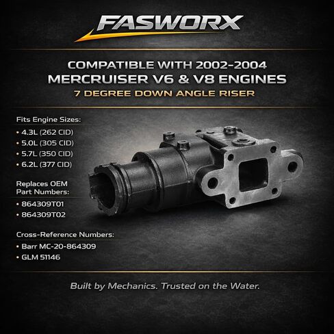 FASWORX Exhaust Manifold & Riser Kit Fits Mercruiser 4.3L V6 (2002-Early 2005), 7 Degree 6.5" Short Elbow, Includes Gaskets, Bolts & Plugs – Dry Joint – Replaces 864612T01, 864309T01, 18-1842 in Saudi Arabia