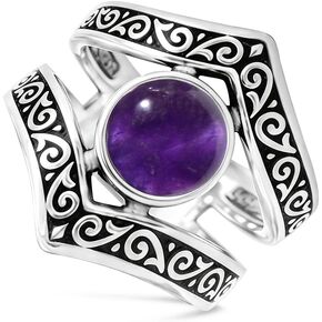 Natural V Shaped Chevron Round Stone Ring,Retro Antique Vintage Sterling Silver Genuine Crystal Quartz Gemstone Wide Band Boho Bohemian Statement Ring for Women in Kuwait