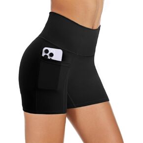 شورت لراكبي الدراجات النارية مع جيوب 5 بوصات عالي الخصر للتمرين في صالة الألعاب الرياضية من الألياف اللدنة، شورت يوجا للتحكم في البطن in Kuwait