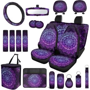21 حزمة ماندالا غطاء مقعد السيارة مجموعة كاملة من الملحقات الداخلية للسيارات الأرجواني مع غطاء عجلة القيادة المرنة، وسادة حزام الأمان، وسادة مسند الذراع، سلة المهملات، هدية سلسلة المفاتيح للأصدقاء in Kuwait