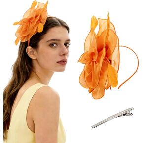 قبعة فاسيناتور على شكل زهرة، قبعات ساحرة للنساء لحفلات الشاي، إكسسوارات حفلات الشاي للنساء، أشرطة ريش عتيقة على عصابة رأس ومشبك، أغطية رأس نسائية للمهرجانات باللون البرتقالي in Kuwait