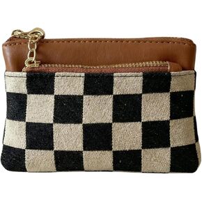 Women's Checkered Wristlet Wallet - Vegan Leather & Canvas, Compact Zipper Card Holder & Coin Purse, Cute Small Wallet for Women (brown) in Saudi Arabia