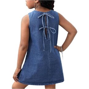 OYOANGLE Girl's Cute Bow Tie Short Denim Dress Crewneck Sleeveless Flared A Line Dress in Kuwait