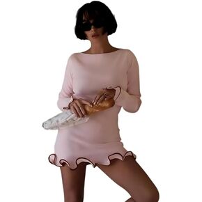 فستان قصير منسوج بحاشية مكشكشة من FUNSEED للنساء، فستان أنيق برقبة دائرية وأكمام طويلة طراز Y2K INS in Kuwait