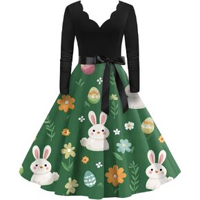 Easter Dresses for Women Long Sleeve Easter Bunny Print V Neck Spring A Line Dress in Saudi Arabia