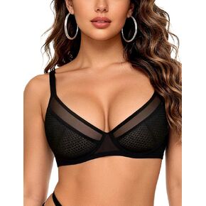 Women's Unlined Balconette Bra Mesh Sheer See Through Plunge Bras Underwire in Kuwait