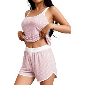 JUSTFASHIONNOW طقم بيجامة نسائي مخطط بدون أكمام مكون من قطعتين صيفي وسروال قصير Pjs مجموعة ملابس نوم مريحة بدون أكمام in Kuwait