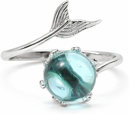 Mermaid Bubble Open Ring for Women, Minimalist Adjustable Silver Tone Metal Ring with Blue Bubble Bead, Ocean Inspired Modern Elegant Design for Daily Wear and Gifting in Saudi Arabia