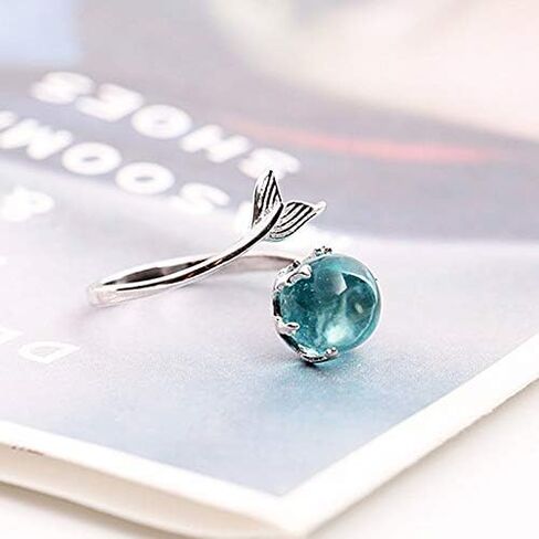 Mermaid Bubble Open Ring for Women, Minimalist Adjustable Silver Tone Metal Ring with Blue Bubble Bead, Ocean Inspired Modern Elegant Design for Daily Wear and Gifting in Saudi Arabia