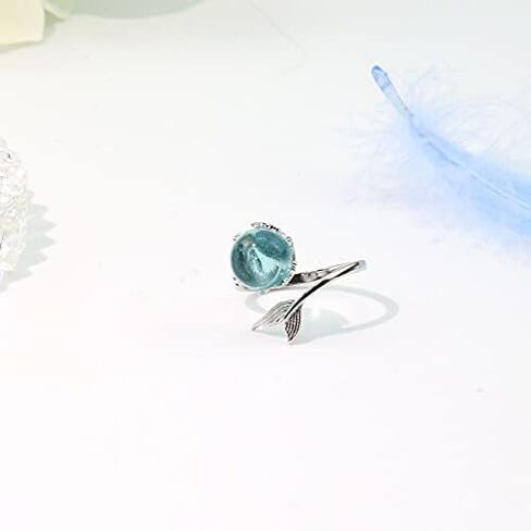 Mermaid Bubble Open Ring for Women, Minimalist Adjustable Silver Tone Metal Ring with Blue Bubble Bead, Ocean Inspired Modern Elegant Design for Daily Wear and Gifting in Saudi Arabia