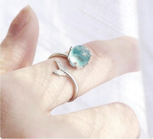 Mermaid Bubble Open Ring for Women, Minimalist Adjustable Silver Tone Metal Ring with Blue Bubble Bead, Ocean Inspired Modern Elegant Design for Daily Wear and Gifting in Saudi Arabia