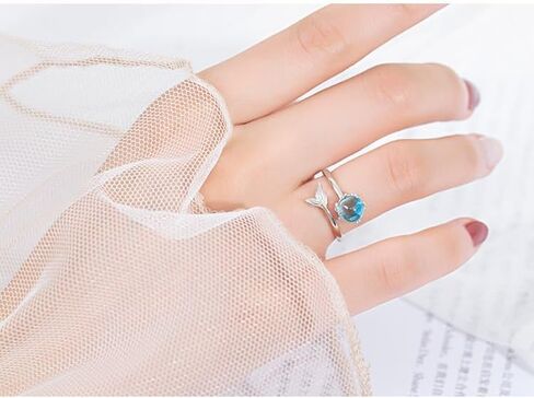 Mermaid Bubble Open Ring for Women, Minimalist Adjustable Silver Tone Metal Ring with Blue Bubble Bead, Ocean Inspired Modern Elegant Design for Daily Wear and Gifting in Saudi Arabia