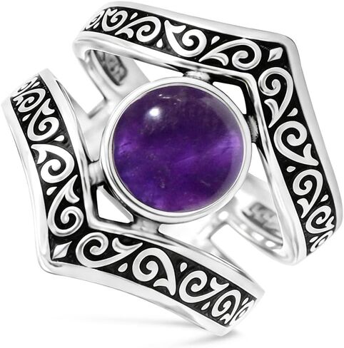 Natural V Shaped Chevron Round Stone Ring,Retro Antique Vintage Sterling Silver Genuine Crystal Quartz Gemstone Wide Band Boho Bohemian Statement Ring for Women in Kuwait