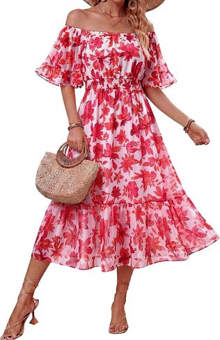 Women's Summer Boho Off Shoulder Midi Dress Ruffle Sleeve Smocked Elastic Waist Flowy Dresses in Saudi Arabia